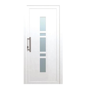 Weiße Kunststoff-Haustür mit Glaseinsatz, Anschlag links, 100x200 cm.