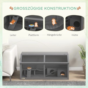 PawHut Hamsterkäfig 100cm mit Hängebrücke, Leitern und Häuschen. Geräumiger Nagerstall aus Holz in Grau.