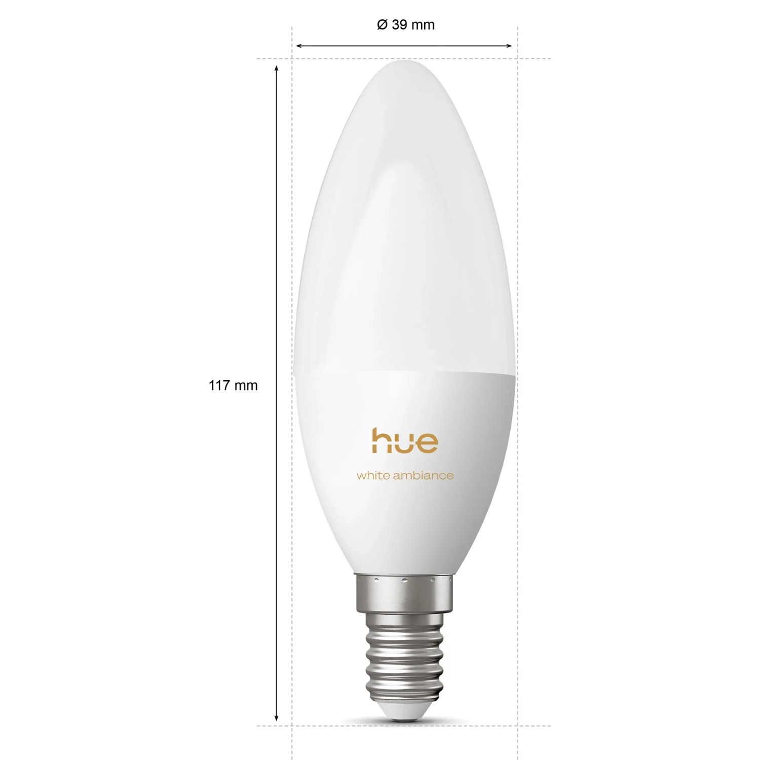Philips Hue E14 Kerzenform Leuchtmittel, weiß, 117x39 mm. Warm- bis tageslichtweißes smartes Licht.