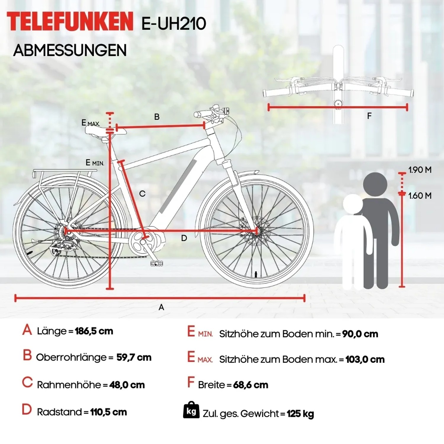 Abmessungen des Telefunken UH210 E-Bikes in Granitgrau, Schema mit Größenangaben.