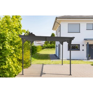 Westmann Einzelcarport, Flachdach, anthrazit, 305x503 cm, mit Doppelstegplatten vor Haus.