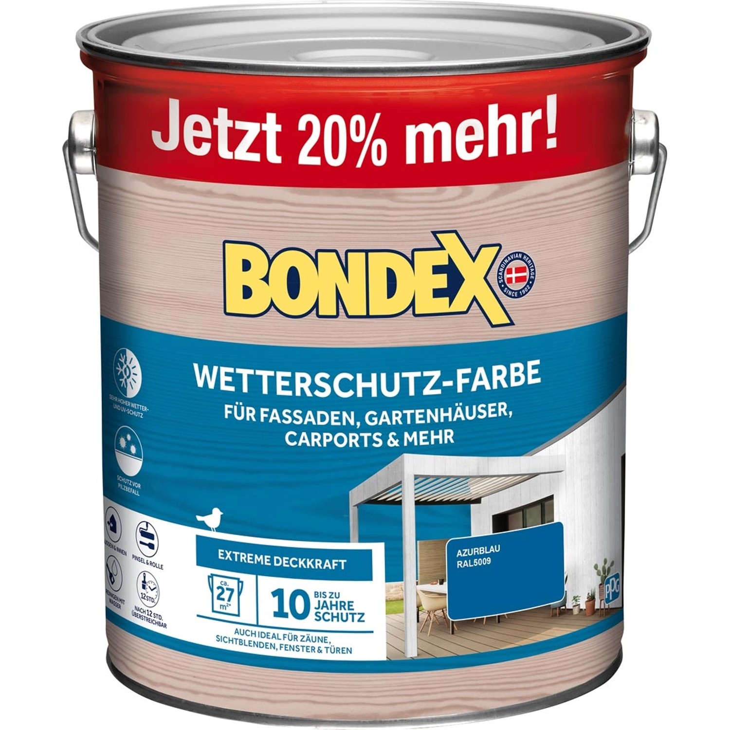 Bondex Wetterschutz-Farbe RAL 5009 Azurblau - 3 l ausreichend für ca. 27 m²