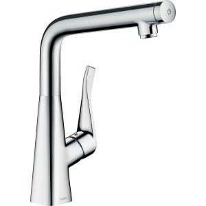 Hansgrohe Metris Select 320 Küchenarmatur aus Chrom mit hohem Auslauf und Select-Knopf.