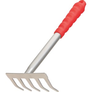 Handrechen 32 cm für Gartenarbeit: Stahlrechen mit rotem Kunststoffgriff zum Auflockern von Erde.