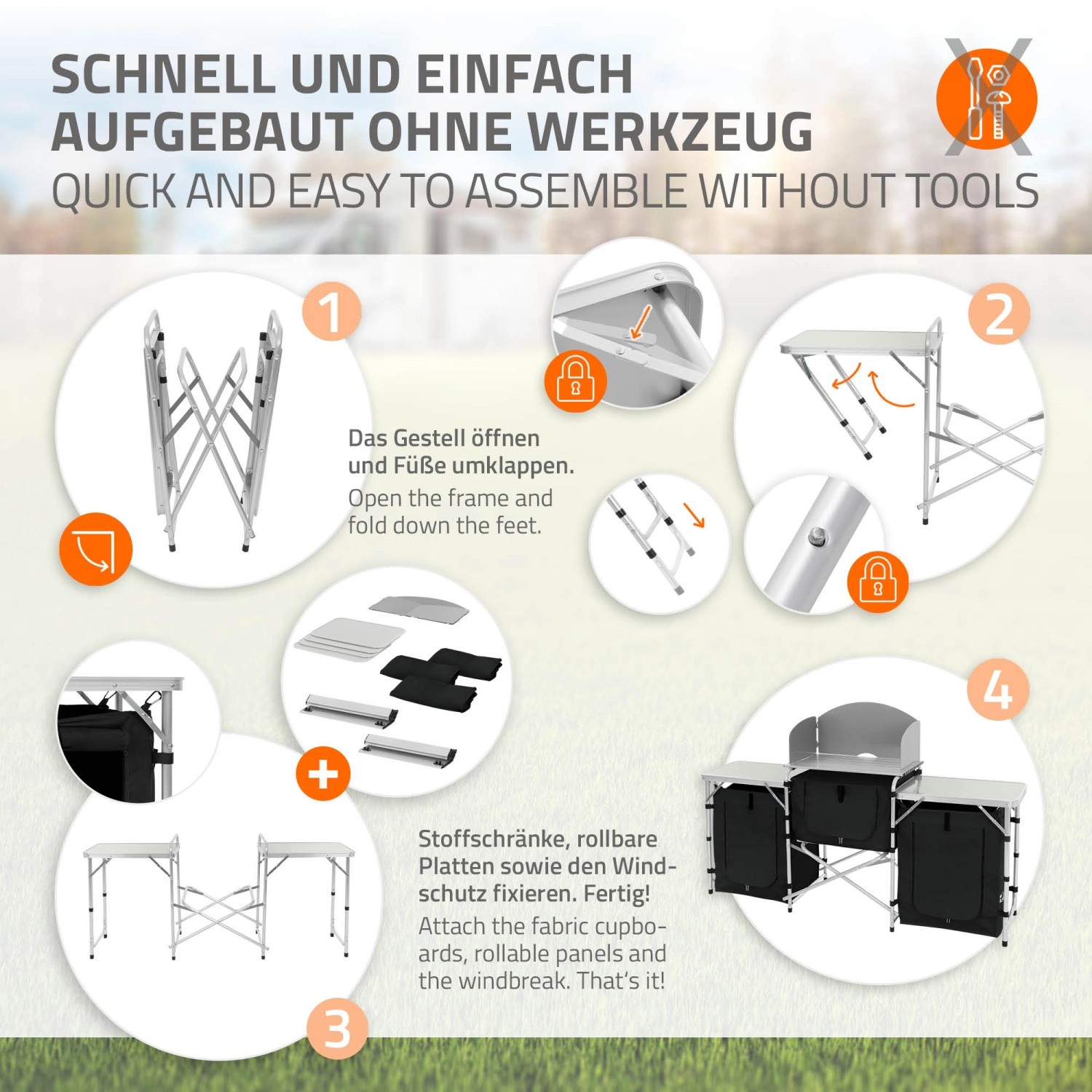 Aufbauanleitung: Hauki Camping Küche, faltbarer Campingschrank mit Tragetasche, Montage in 4 Schritten.