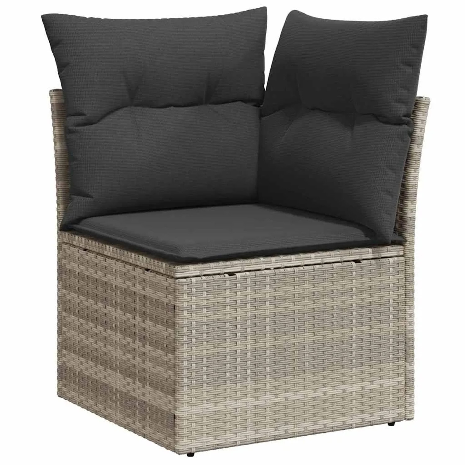 Hellgraues vidaXL Gartenmöbel-Set aus Rattan mit grauen Kissen.
