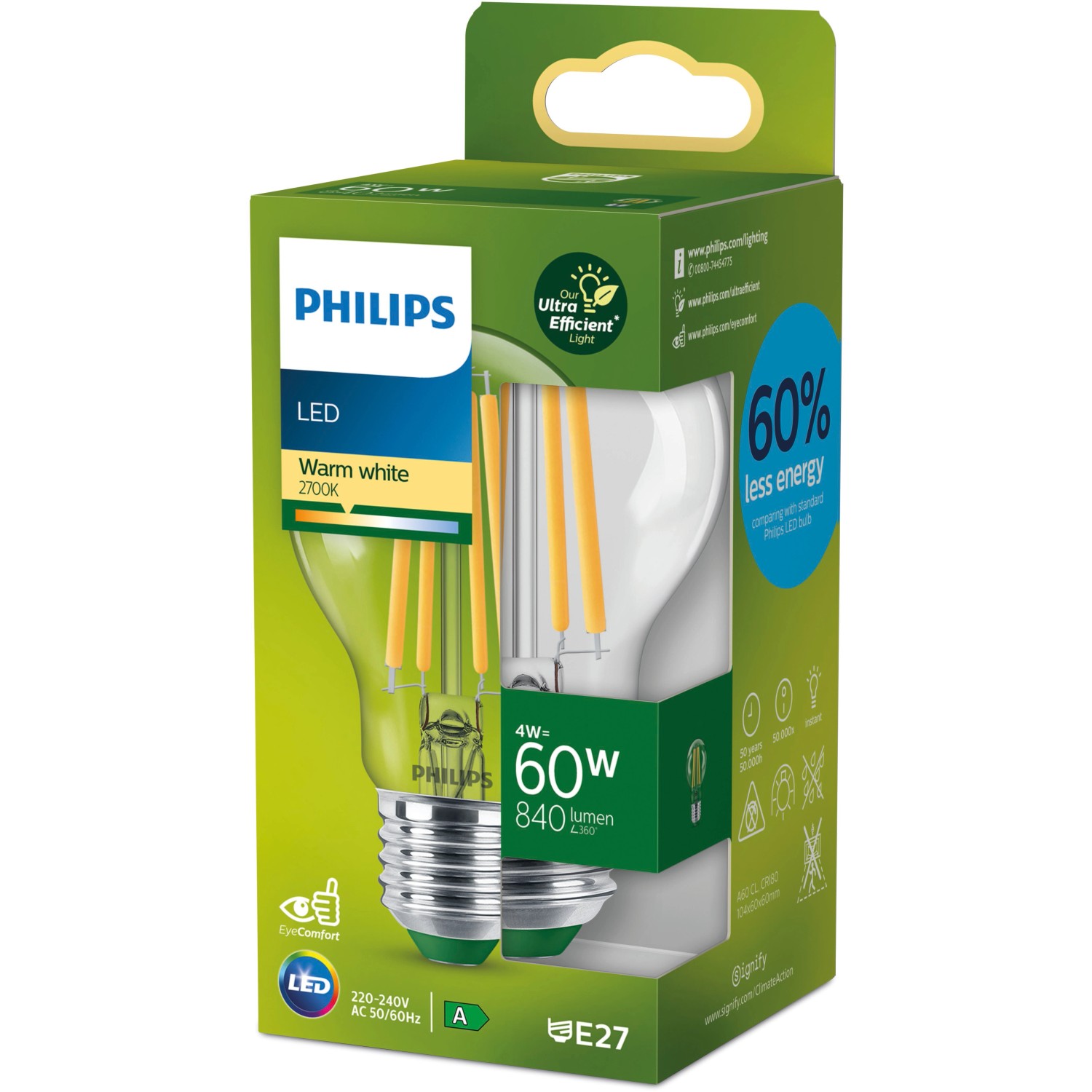Philips LED-Lampe E27, 4W, Glühlampenform, klar. Energieeffizient und langlebig.