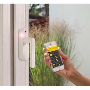 Weißer Funk-Sicherheits-Alarmgriff am Fenster, bedienbar per Smartphone-App.