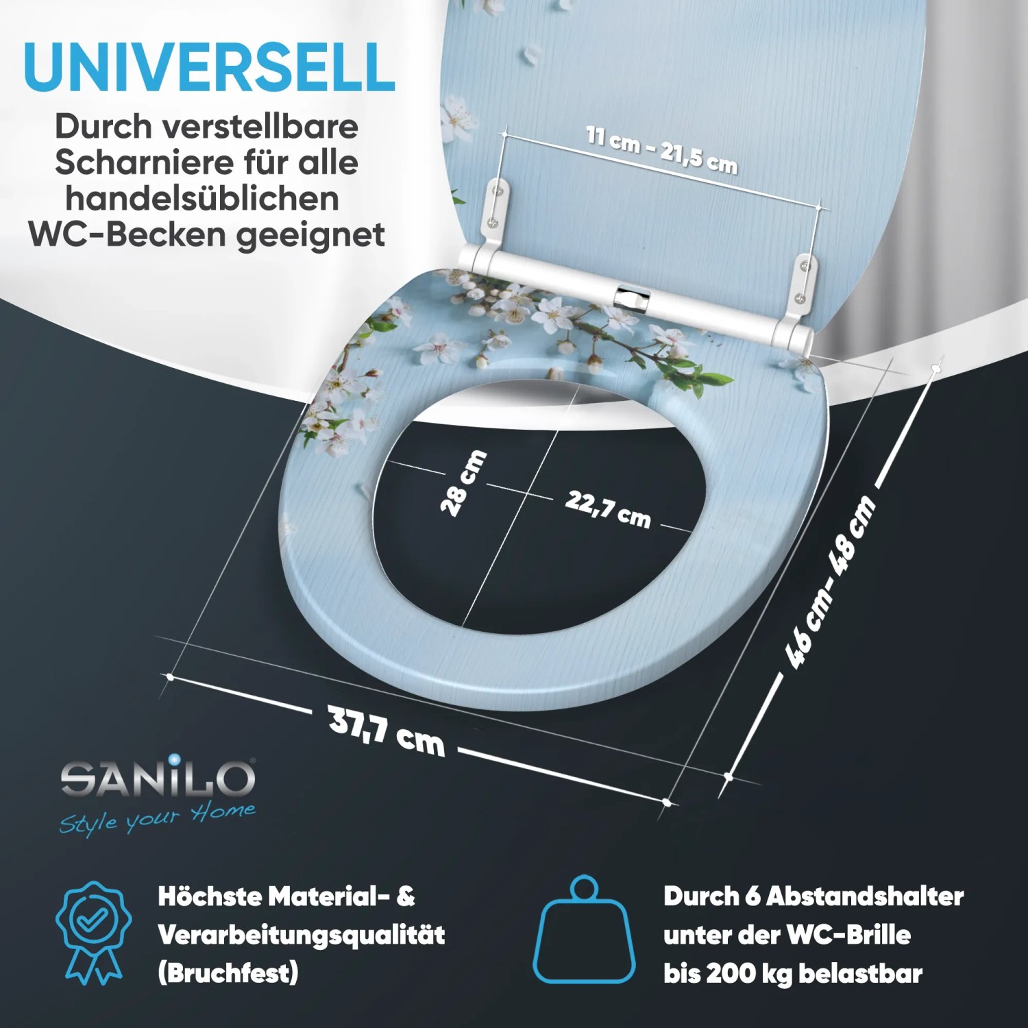 SANILO WC-Sitz Sakura mit Absenkautomatik und Top-Fix-Befestigung, hellblau mit Blütenmuster.