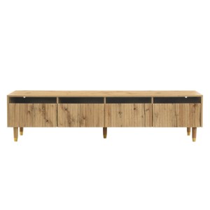 Moderner TV Schrank in Natur-Holzoptik mit 4 geriffelten Schubladen, offenen Fächern und goldenen Beinen. Viel Stauraum.