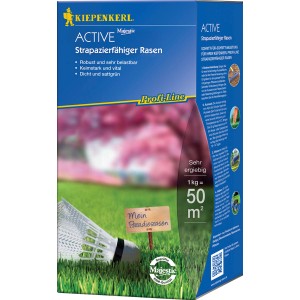 Kiepenkerl Rasensamen Profi-Line Active 1kg: Verpackung mit Badmintonball auf Rasen für strapazierfähigen, dichten Rasen.