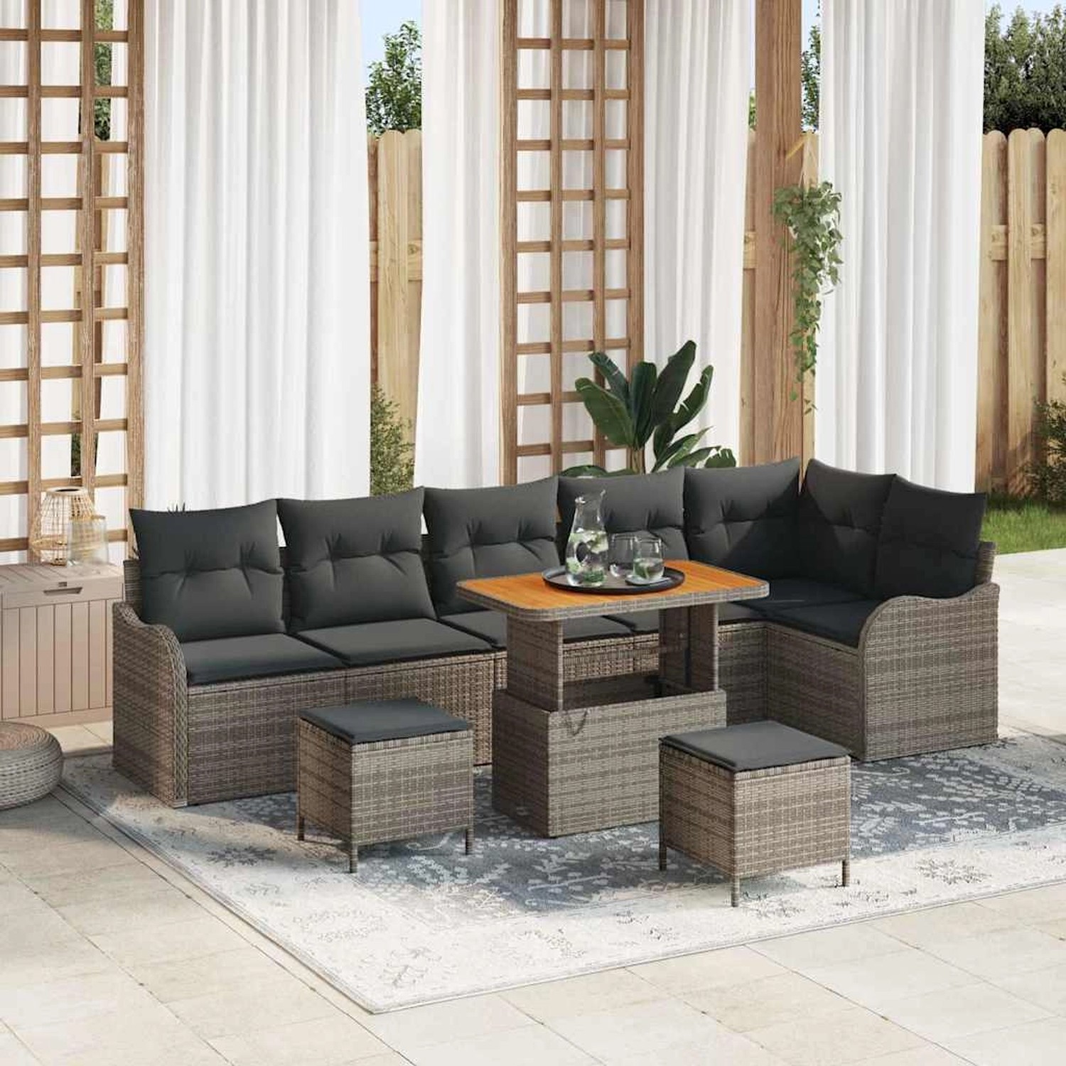 Graues 9-teiliges vidaXL Garten-Sofa-Set aus Poly Rattan mit höhenverstellbarem Tisch.
