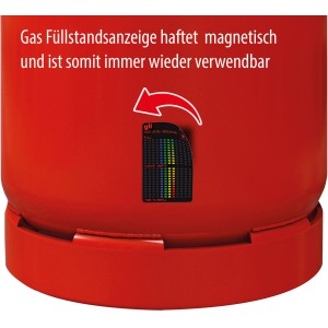Calima Gas Füllstandsanzeige an roter Gasflasche, Zubehör für Autoanhänger.