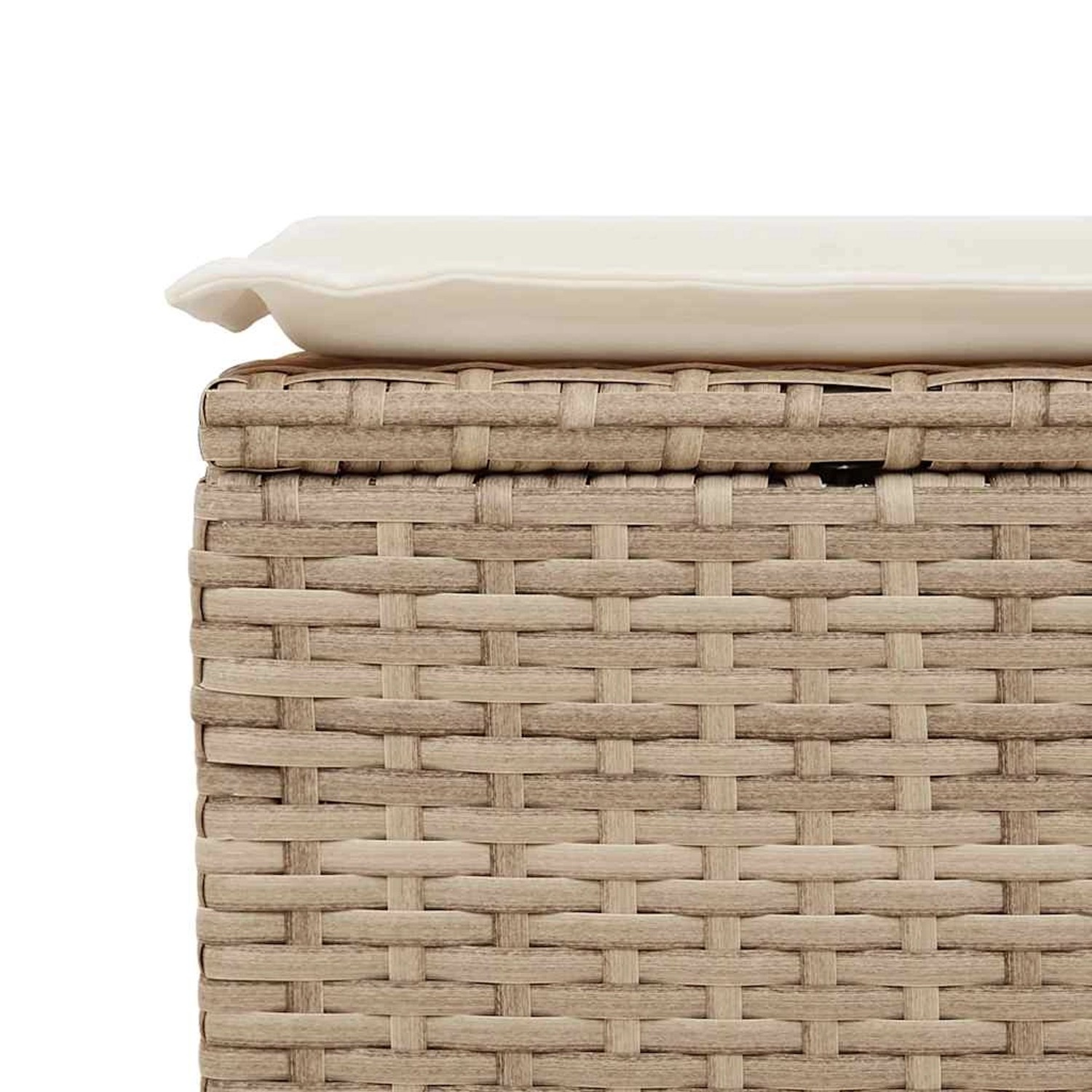 Detailansicht: Beige Gartenhocker aus Polyrattan mit cremeweißem Kissen, Teil der vidaXL Sofagarnitur.