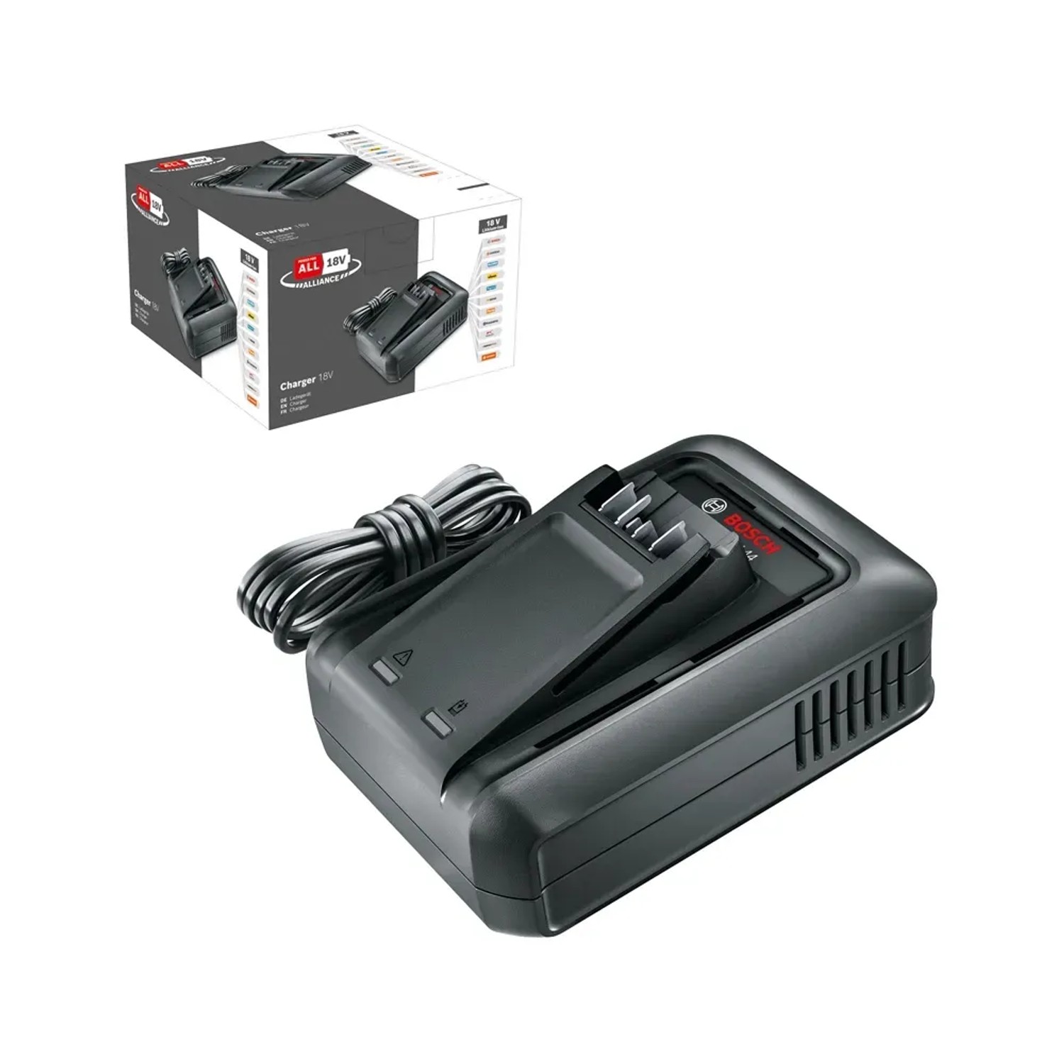 Bosch AL 18 V-44 Akku-Ladegerät für Elektrowerkzeug-Akkus, mit Ladekabel und Produktverpackung.