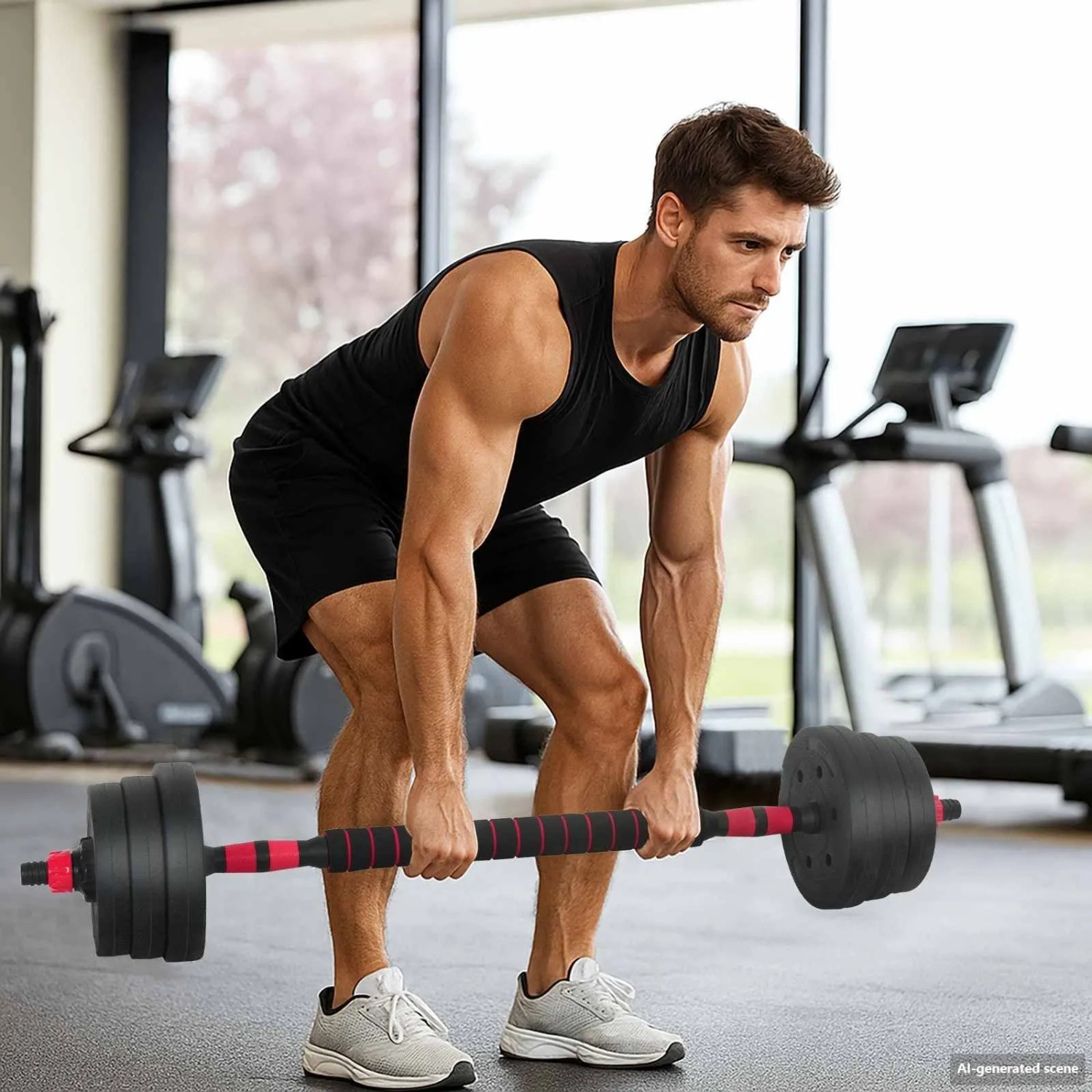 Mann trainiert mit vidaXL 4-in-1 Hantelset (20kg) im Fitnessstudio. Ideal für Krafttraining.