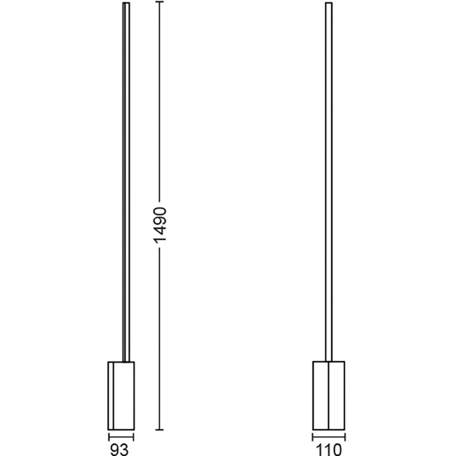 Abbildung der Philips Hue Gradient Signe Stehleuchte in Weiß mit Maßangaben.