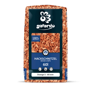 Sack Galamio Holzhackschnitzel Orange, 60l, für Gartenwege und Beetabdeckung.