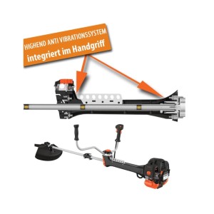 FUXTEC Profi Benzin Motorsense FX-PS152, schwarz-orange. Zeigt das Highend Anti-Vibrationssystem im Handgriff für komfortables Arbeiten.