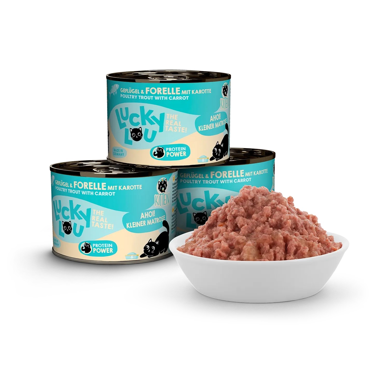 Lucky Lou Katzen-Nassfutter Kitten, Geflügel & Forelle, 200g Dosen und Schale mit Futter.
