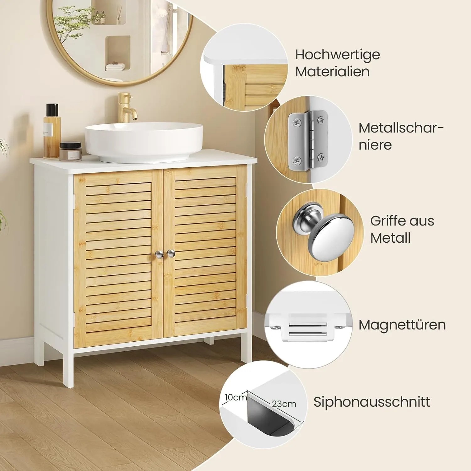 Weißer Bambus Waschbeckenunterschrank 60x60x30 cm mit Lamellentüren, Metallgriffen und Siphonausschnitt im Landhausstil.