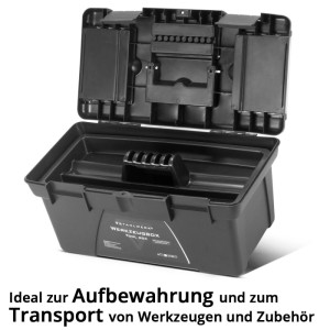 Offene, leere, schwarze STAHLWERK Werkzeugkiste mit Sortierfächern im Deckel.