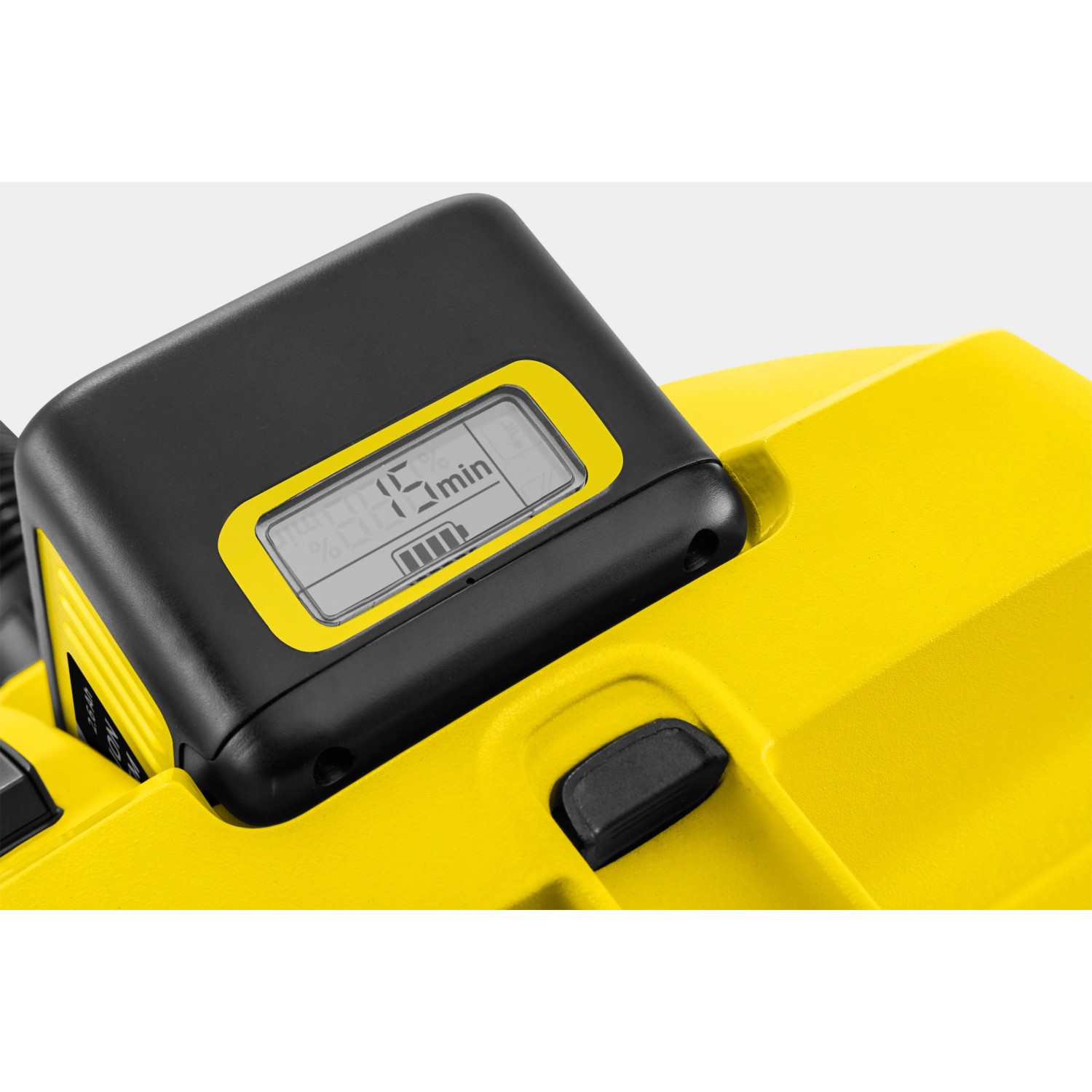 Detailaufnahme: Akku-Display des Kärcher WD 3 Battery Premium Nass- & Trockensaugers mit Akku-Laufzeit.