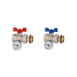 Messing Kugelhahn Set für Heizkreisverteiler mit Thermometer, rote und blaue Flügelgriffe, 25,4mm Anschlüsse.