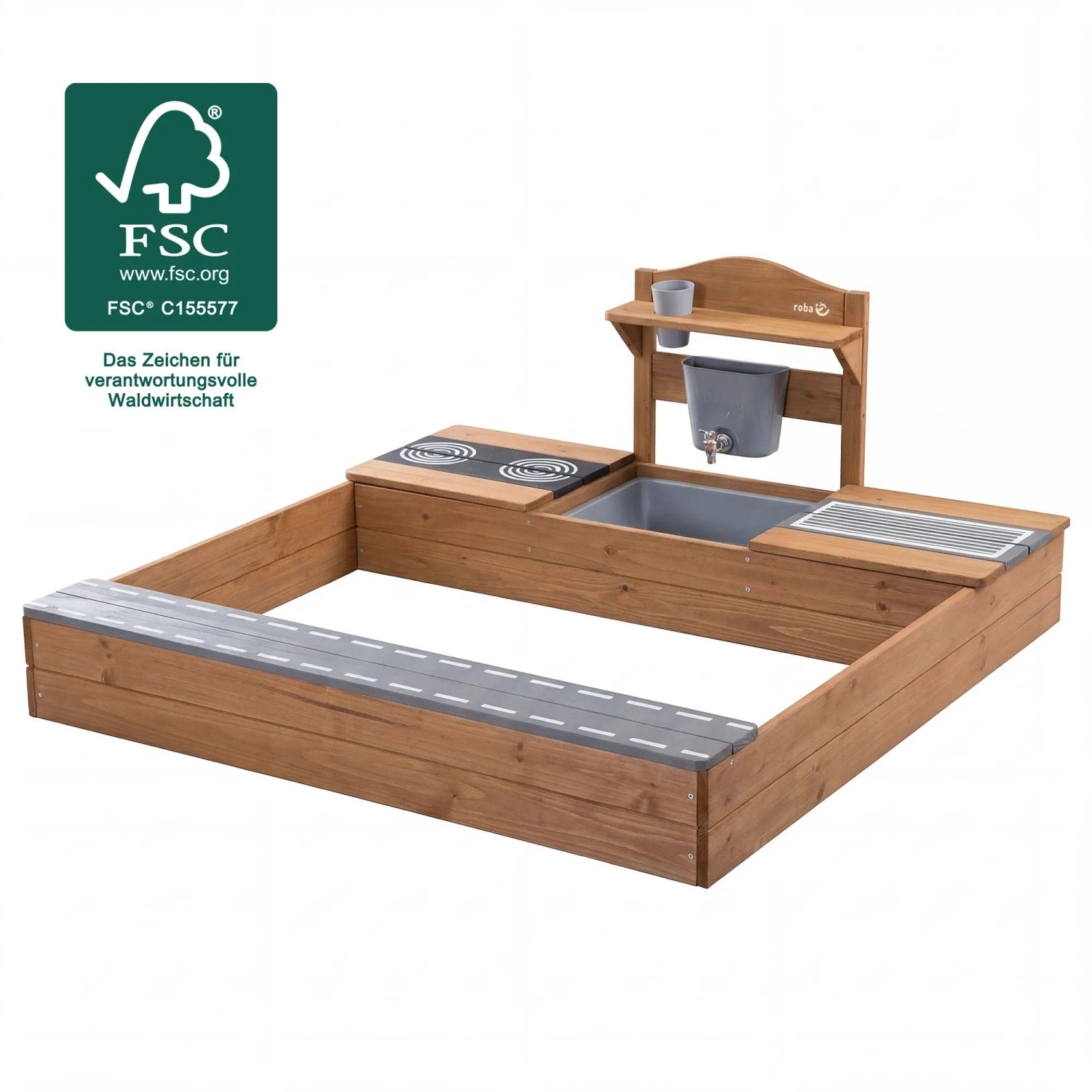 roba Sandkasten aus teakfarbenem FSC-zertifiziertem Holz mit Matschküche, Spüle, Herdplatten und Sitzbank.