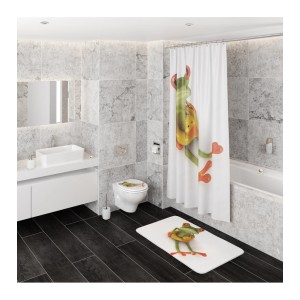 Badezimmer mit Frosch-Motiv: Duschvorhang, Badematte und WC-Sitz mit Sanilo Frosch Badewannenstöpsel.