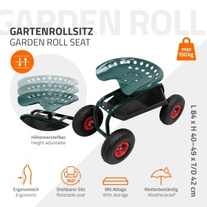 Grüner Gartenrollsitz aus Stahl, drehbar, höhenverstellbar, mit Ablagekorb und Luftreifen. Max. 150 kg.