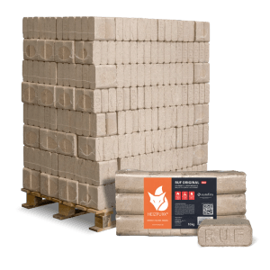 Große Palette Heizfuxx RUF Original Hartholzbriketts, 960kg. Rechteckige Brennstoff-Briketts in Packungen, für Kamin & Ofen.