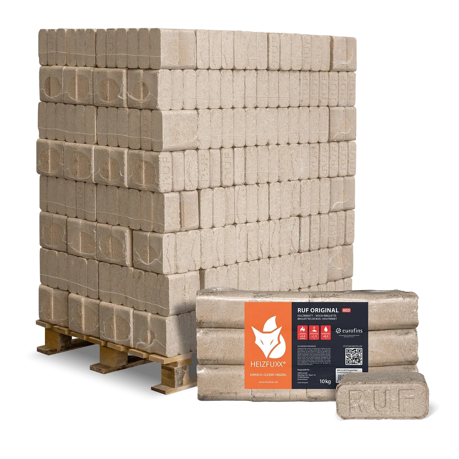 Heizfuxx RUF Original Red Holzbriketts Hartholz 10kg x 96 Gebinde 960kg Palette