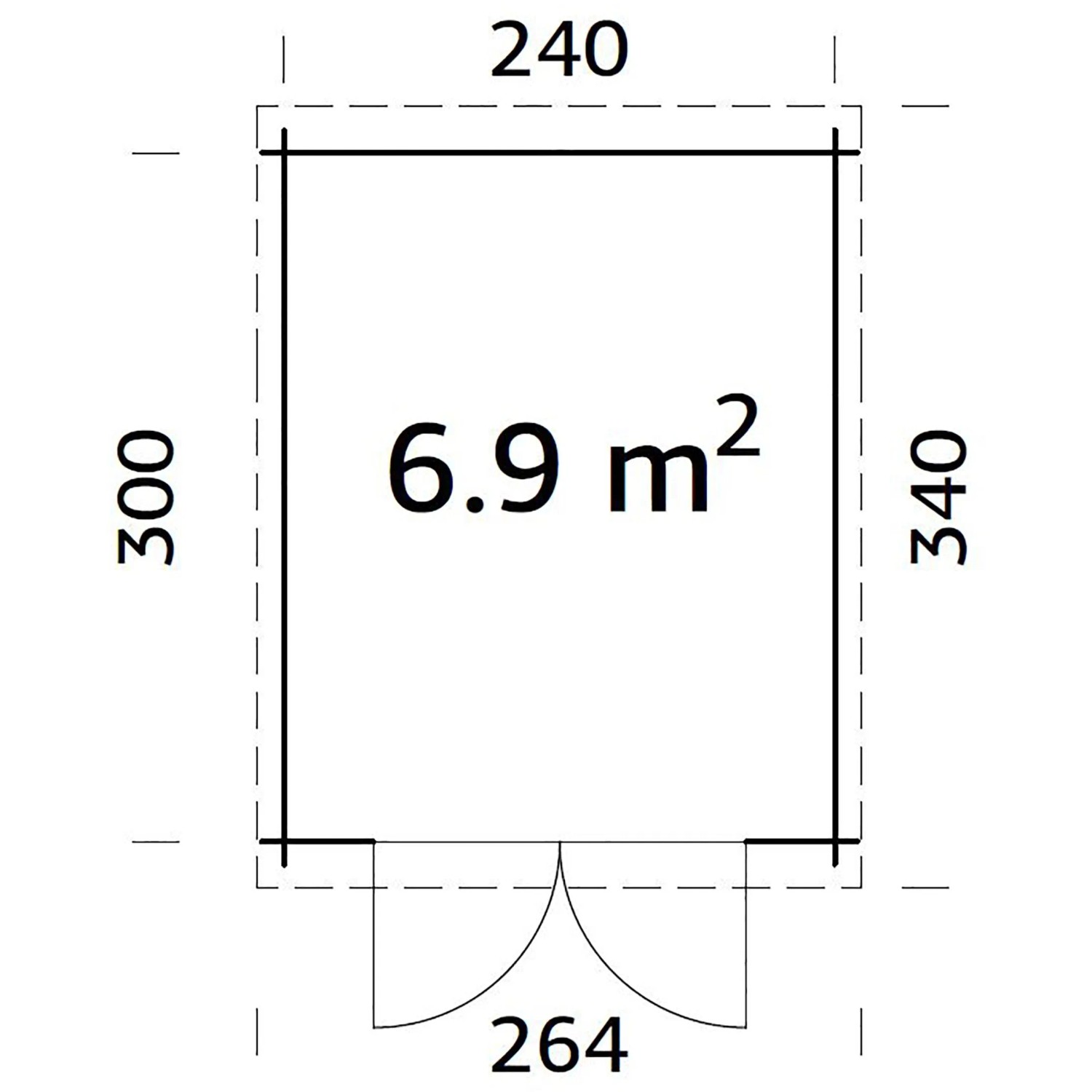 Grundriss Palmako Gartenhaus Ella, 240x300 cm, Fläche 6,9 m², teilverglaste Doppeltür.