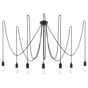 Schwarzer Sollux Lighting Kronleuchter Edison 7 mit sieben Leuchten und Textilkabeln.