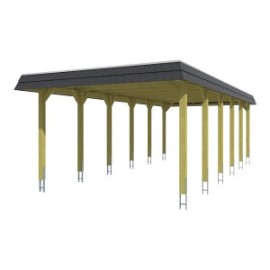 Skan Holz Walmdach-Carport Spreewald mit schwarzer Blende, Holzkonstruktion mit Aluminiumplatten.