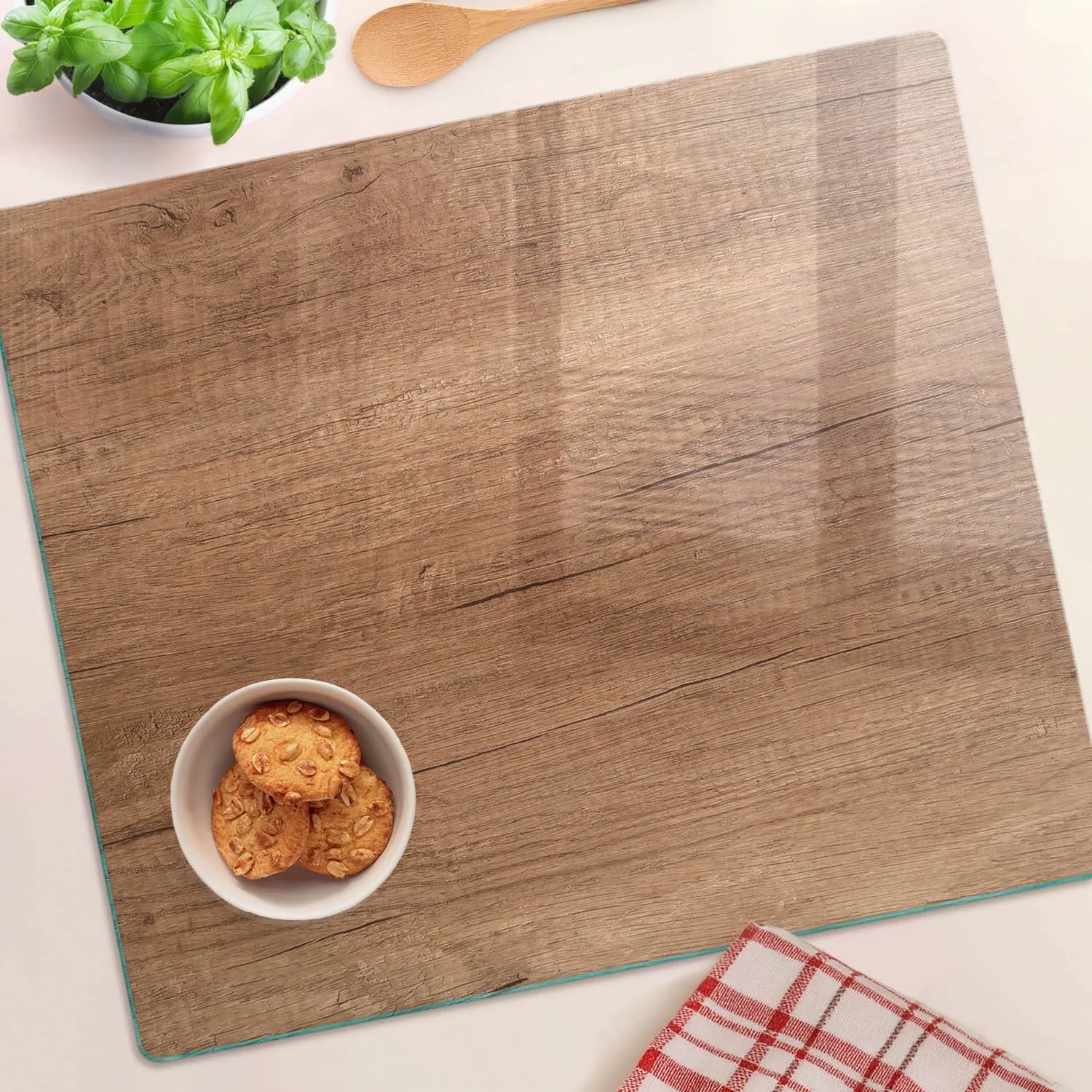 Herdabdeckplatte aus Glas mit Holzdekor, 60x52 cm, als Schneidebrett oder Spritzschutz.