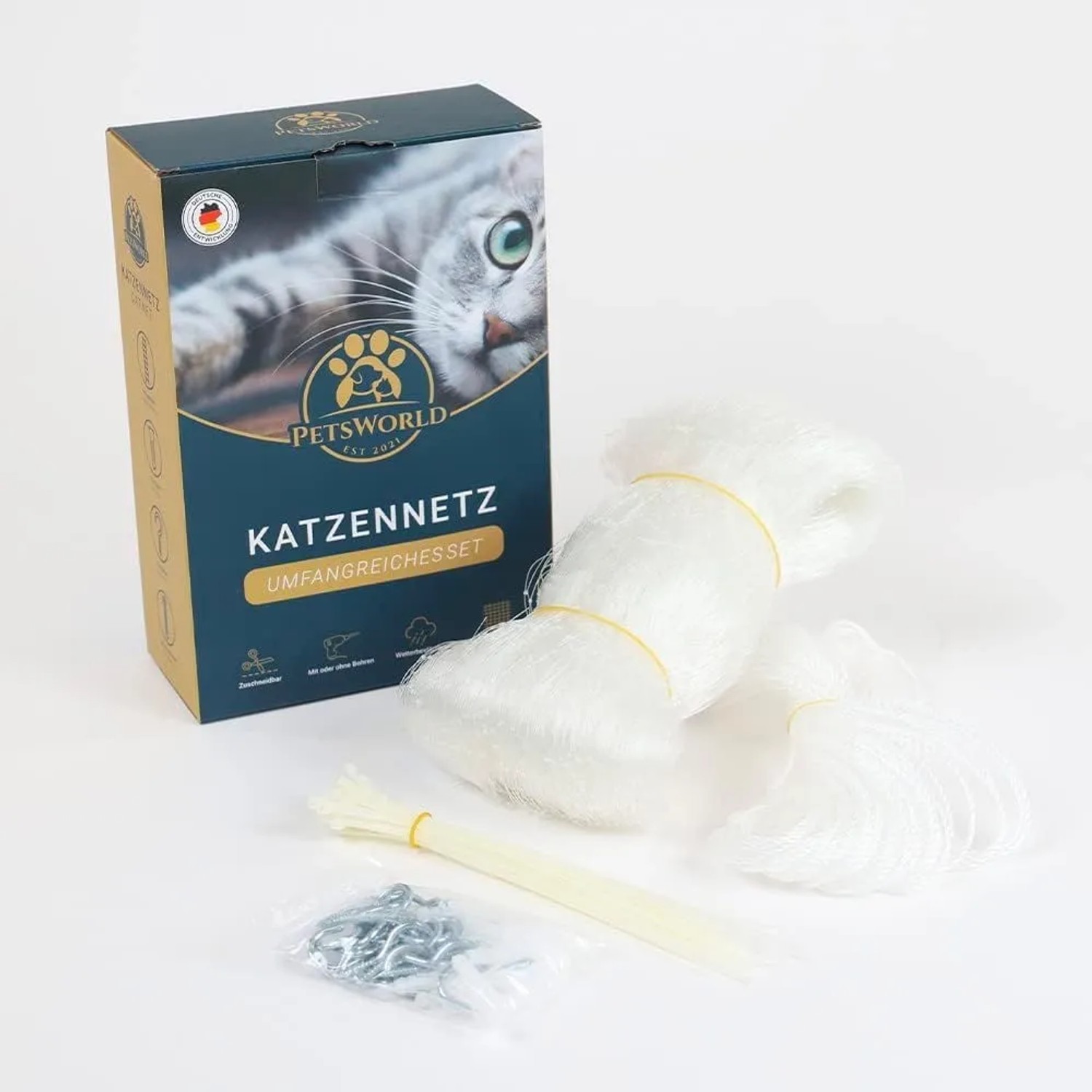 Petsworld Katzennetz 8×3 m für Balkon inkl. Befestigung & Kabelbinder