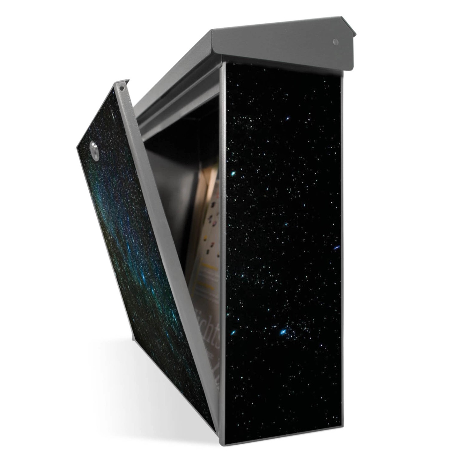 Edelstahl Briefkasten mit Nachthimmel Motiv, 38.5x31.5x12cm, ohne Zeitungsfach.