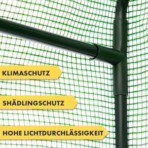 Detailaufnahme Gewächshaus Botanika: Stahlrahmen mit grüner Kunststoffgitterfolie für optimalen Klimaschutz.