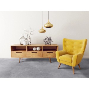 Primaflor PVC Turvo Stein Kanada Bodenbelag in Betonoptik im Wohnraum mit gelbem Sessel.