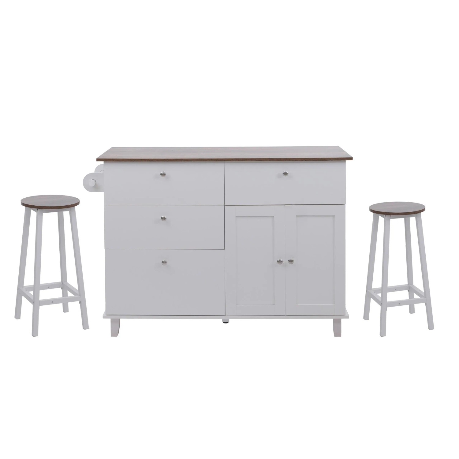 MCW Kücheninsel P62 mit 2 Sitzhockern Staufächer MDF 90x131x47cm Weiß Dunkles Holz