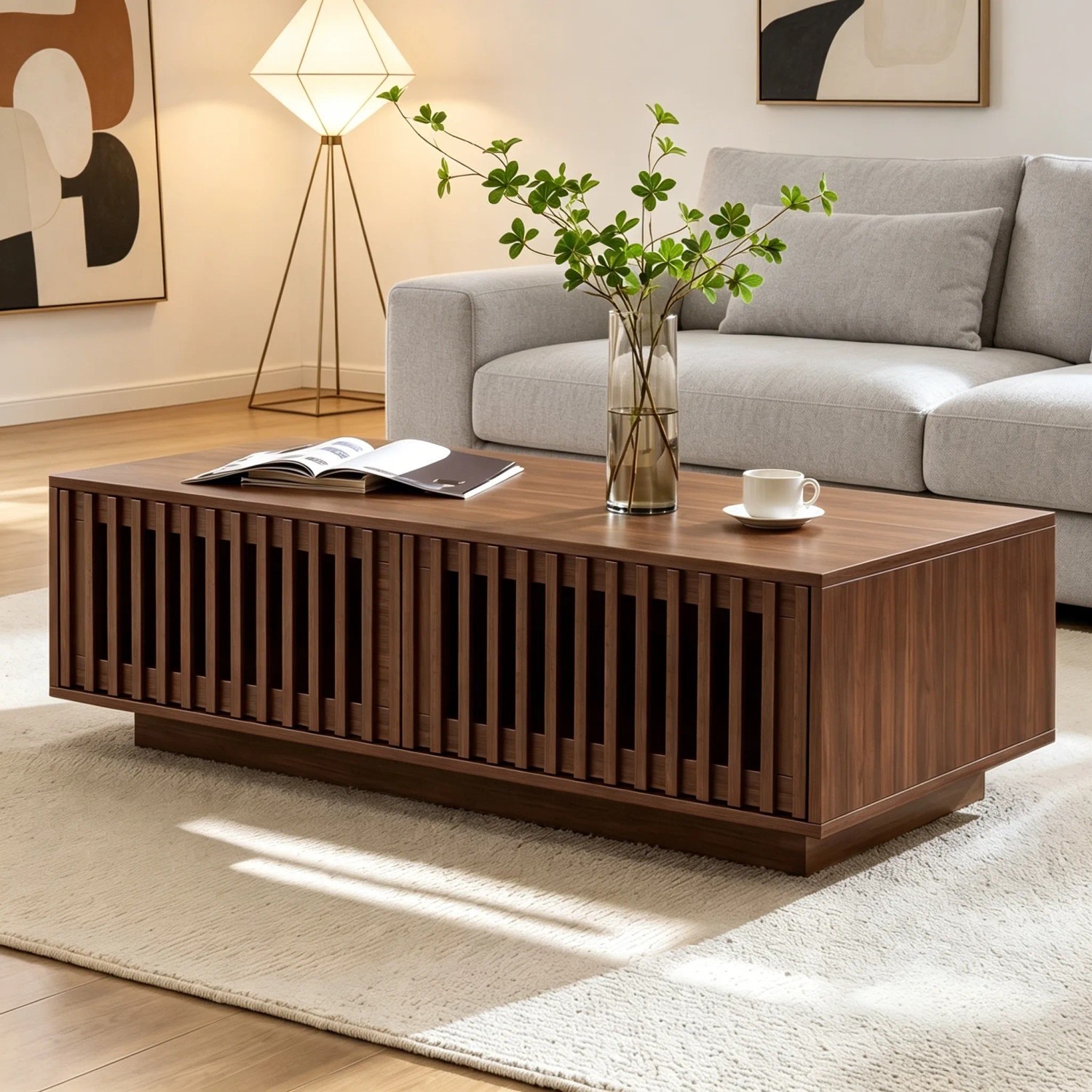 Merax Couchtisch 100x50x35cm in Walnussoptik mit Gittertüren und Stauraum. Ideal für Wohnzimmer.