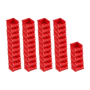 PROREGAL Systemplatte mit 45 roten Sichtlagerboxen. Aufbewahrungssystem für Werkstatt, Lager & Garage.