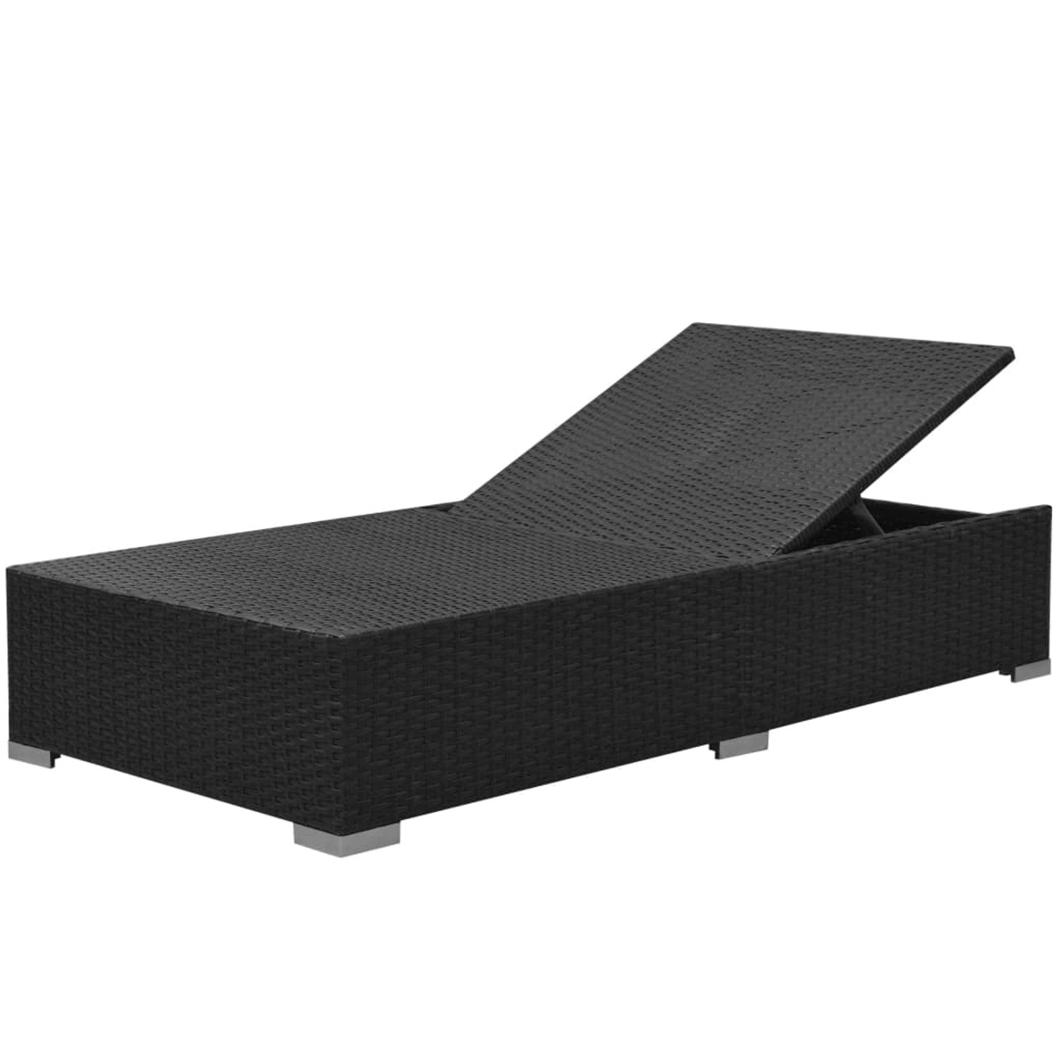 Schwarze Poly Rattan Sonnenliege mit verstellbarer Rückenlehne für den Garten.