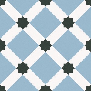Bodenfliese Barcelona, Feinsteinzeug, 25x25 cm, matt glasiert, blau-weißes Muster mit Sternen.