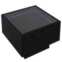 Quadratischer Couchtisch in Schwarz Eichen-Optik mit LED-Streifen auf der Tischplatte.