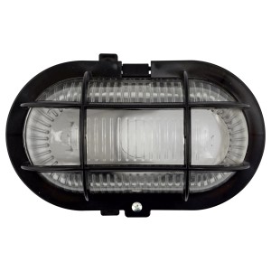 Schwarze e2 elektro LED-Ovalleuchte mit Kunststoffkorb, 18,5x12,5x11 cm, für Keller und Außenbereich.