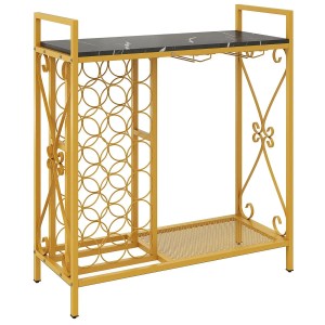 Goldenes Costway Weinregal aus Metall für 21 Flaschen mit Marmorplatte und Gläserhalter.