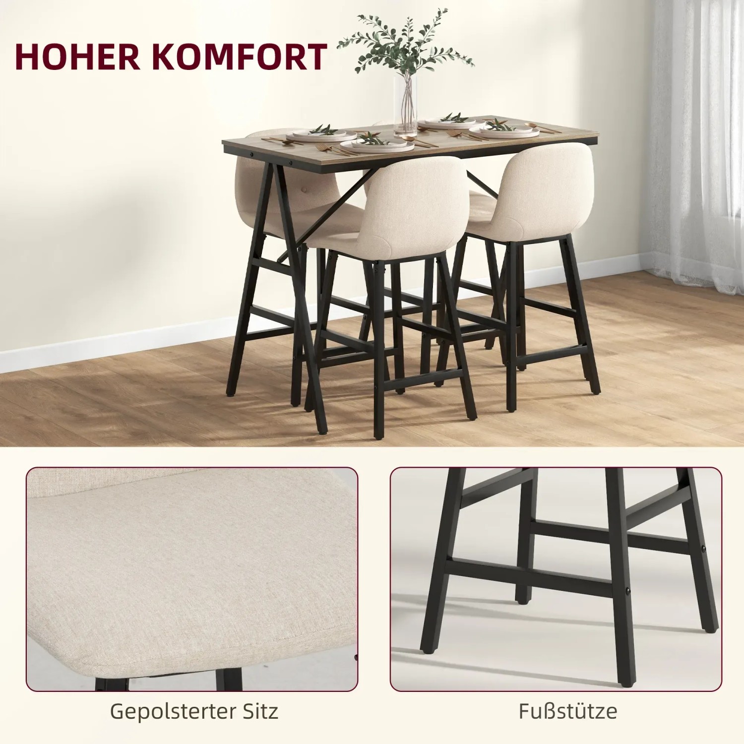 HOMCOM Bartisch-Set, 5-teilig, beige. Barhocker mit Tisch für Esszimmer oder Küche.